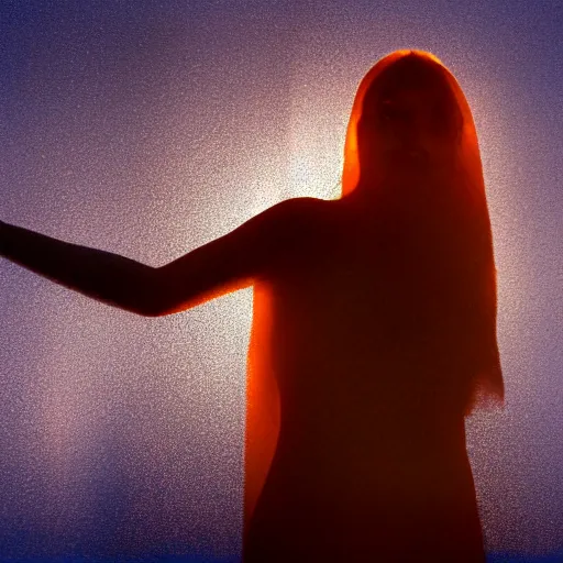 Prompt: backlit photo of a translucent woman made entirely of glass amongst cloudy orange and blue fog