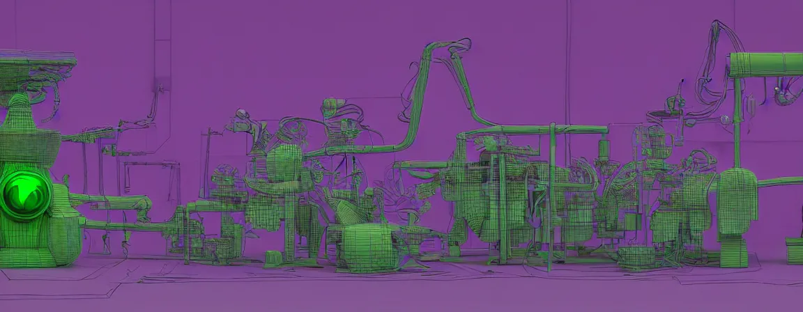 Prompt: a machine for making snake oil, purple and green, art by glenn fabry and ed roth, 3 d rendering by beeple, fine detail, 8 k, snake machine