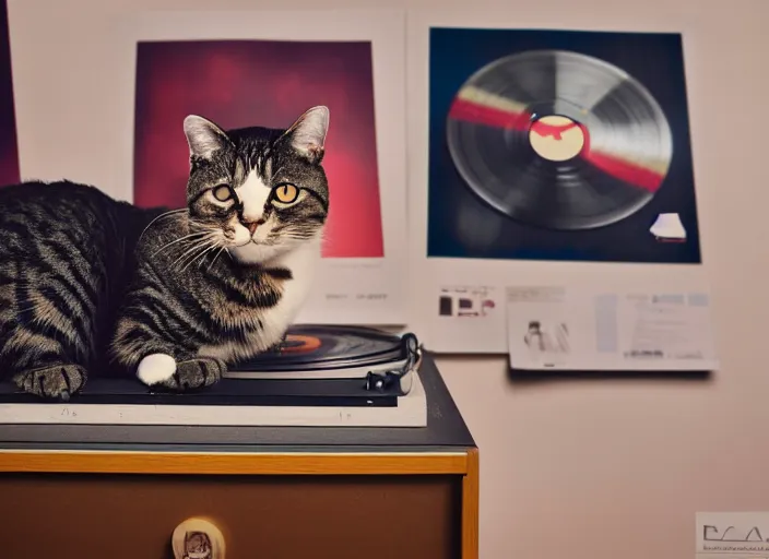 Image similar to photography of a Cat sitting on a record player. in a room full of vinyls and posters out of the 70's, photorealistic, raining award winning photo, 100mm, sharp, high res