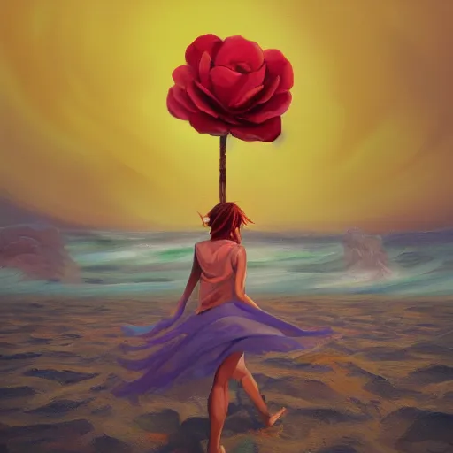 Prompt: portrait, giant rose flower head, woman running at the beach, surreal photography, sunrise, blue sky, dramatic light, impressionist painting, digital painting, artstation, simon stalenhag