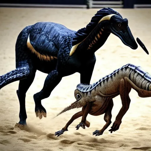 Image similar to a horse and a velociraptor playing volleyball