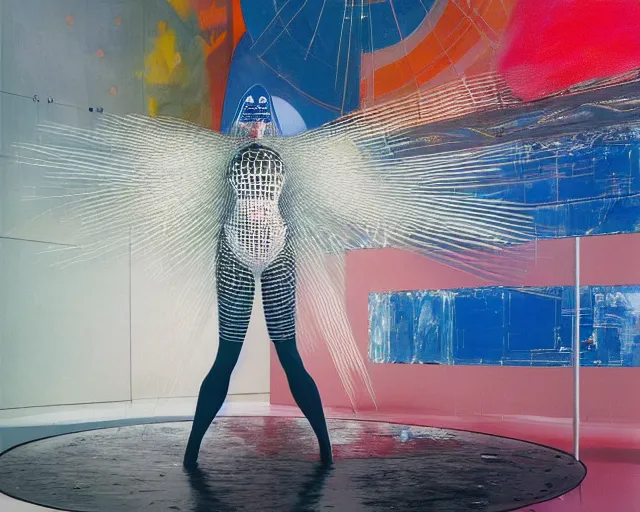 Prompt: a transforming model wearing futuristic bodysuit waving a flag on a rotating platform in a bullring surrounded by lights by james jean and luc tuymans and beeple and hernan bas and pat steir and hilma af klint, psychological, 3 d, dripping paint, high quality render, masterpiece