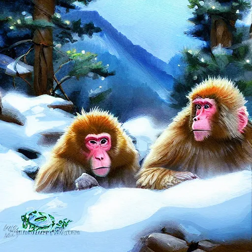 Prompt: snow monkeys at the mountain spa, digital art by Steve Henderson