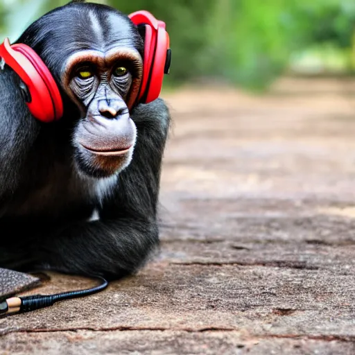 Image similar to a photo of a green chimp wearing headphones