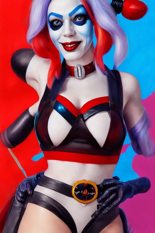 Image similar to Harley Quinn, wide angle, super highly detailed, professional digital painting, artstation, concept art, smooth, sharp focus, no blur, no dof, extreme illustration, Unreal Engine 5, Photorealism, HD quality, 8k resolution, cinema 4d, 3D, beautiful, cinematic, art by artgerm and greg rutkowski and alphonse mucha and loish and WLOP