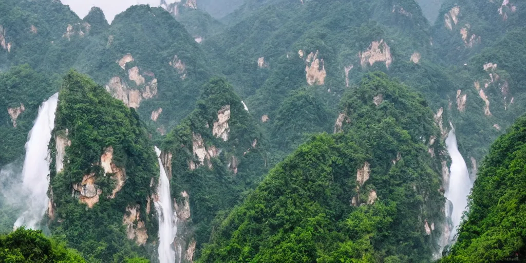 Prompt: Cloudy peaks in southern China with a waterfall, the style of National Geographic magazine