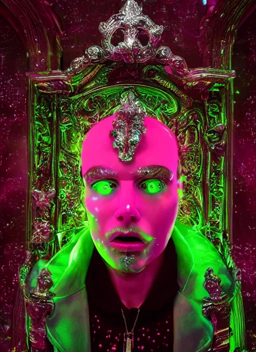 Image similar to photo of baroque and bladerunner delicate neon diamond sculpture of ceramic albino king santiago cabrera seductive delicious tongue sticking out, creamy pink iridescent humanoid deity wearing red furry hoody holding diamond skull in a green metallic dungeon, reclining, glowing rainbow face, crown of white diamonds, cinematic lighting, photorealistic, octane render 8 k depth of field 3 d