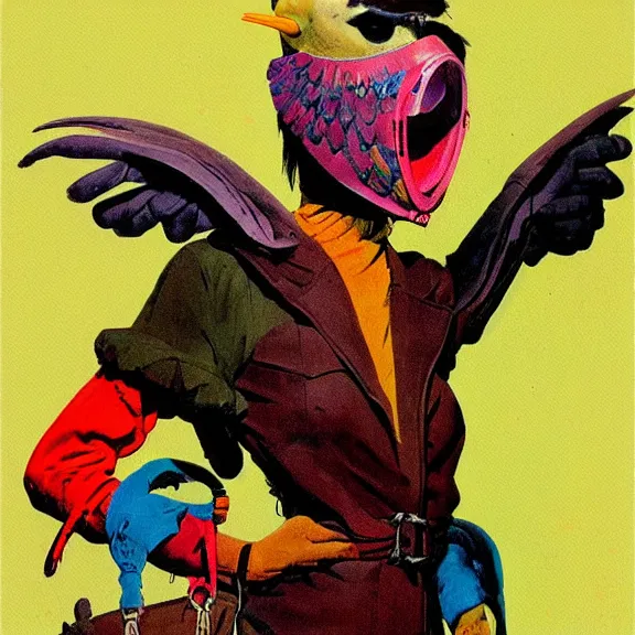 Prompt: illustration of model in plastic bird mask wearing baggy colorful 9 0 s jacket by frank frazetta.