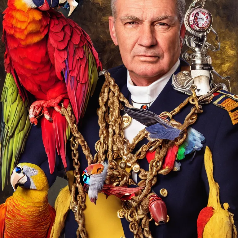 Image similar to close - up octane render portrait by wayne barlow and carlo crivelli and glenn fabry, an extremely elegant bold stern well - dressed admiral in a very powerful uniform, holding a colorful parrot, inside a colorful highly - themed nautical bar, very short depth of field, bokeh