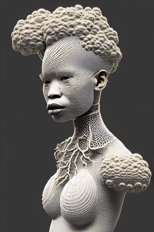 Prompt: complex 3d render ultra detailed of a beautiful porcelain profile afro woman face, biomechanical cyborg, analog, 150 mm lens, beautiful natural soft rim light, big leaves and stems, roots, fine foliage lace, Alexander Mcqueen high fashion haute couture, earring, hair made of trees, art nouveau fashion embroidered, mesh wire, steampunk, intricate details, satin silver white gold metal details, hyper realistic, ultra detailed, mandelbrot fractal, anatomical, facial muscles, cable wires, microchip, elegant, octane render, H.R. Giger style, volumetric lighting, 8k post-production