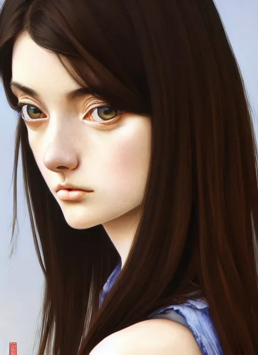 Image similar to photo gorgeous young italian woman, brunette hair, cow looking over shoulder, in the style of stefan kostic, realistic, sharp focus, 8 k high definition, insanely detailed, intricate, elegant, art by david cronenberg and stanley lau and artgerm and yoshitako amano and ryden and kawase hasui, artstation