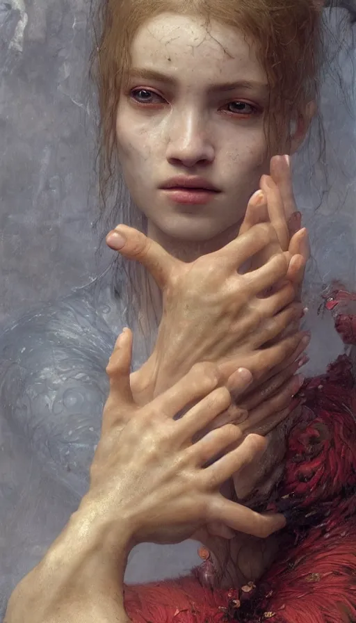 Prompt: epic masterpiece torment, drama, sweaty skin, hyperrealistic, octane render, cinematic, beautiful face and flawless skin, perfect hands, 5 fingers, gold by Edgar Maxence, Legends of Runeterra