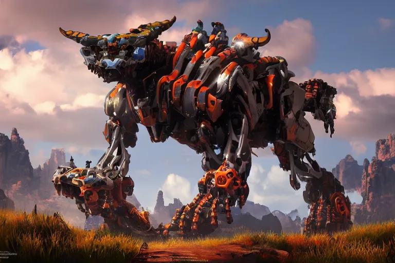 Image similar to grimhorn fanghorn machine mecha animal beast robot of horizon forbidden west horizon zero dawn bioluminiscence global illumination ray tracing hdr fanart arstation by sung choi and eric pfeiffer and gabriel garza and casper konefal