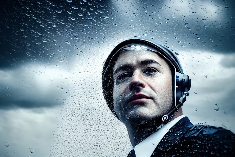 Prompt: an ultra realistic, cinematic, headshot portrait, of an airline pilot, wind, facial features, background of a boeing 7 4 7, with clouds and rain, detailed, deep focus, movie still, dramatic lighting, ray tracing, by michal karcz and yoshitaka amano