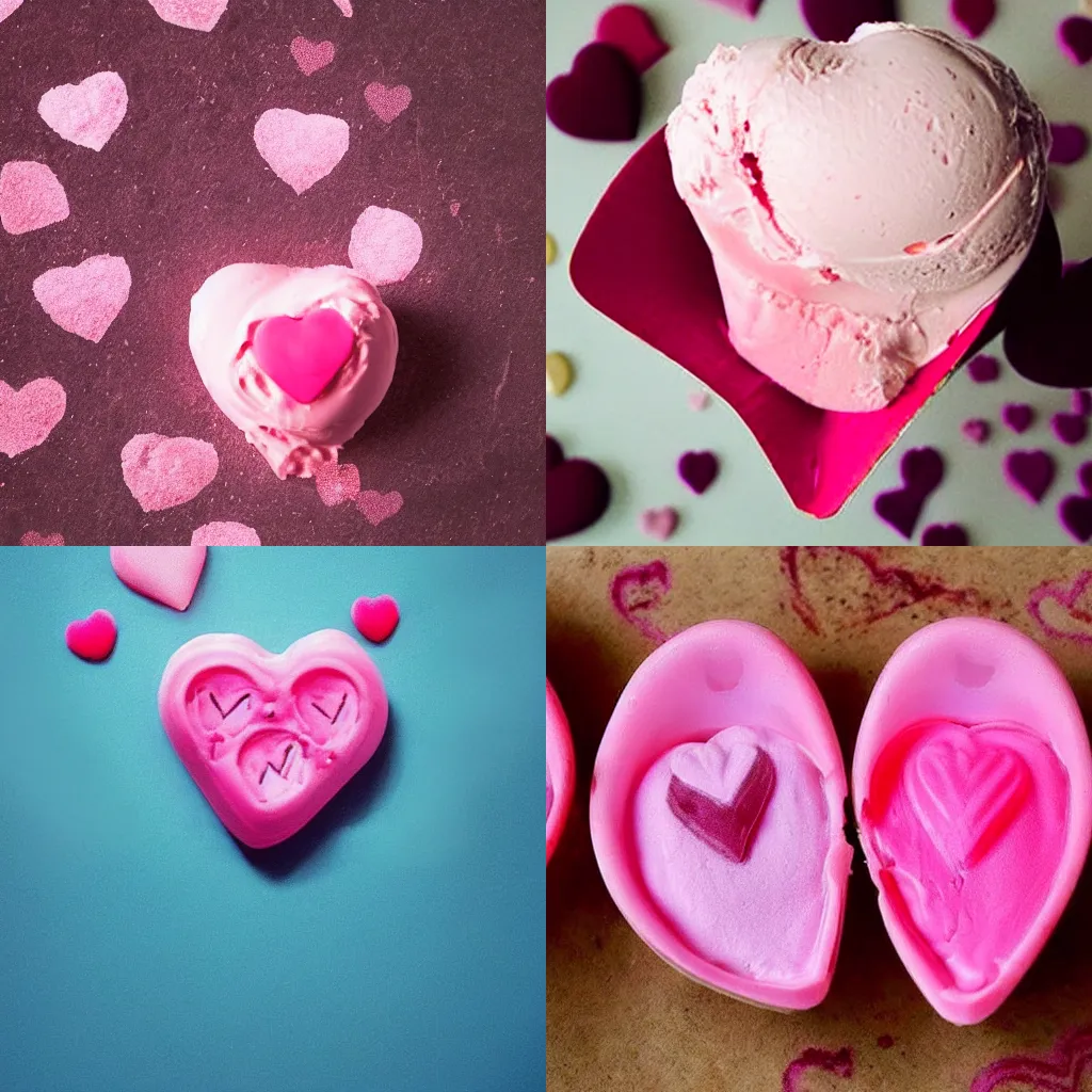 Prompt: pink ice cream in the shape of a heart, cute