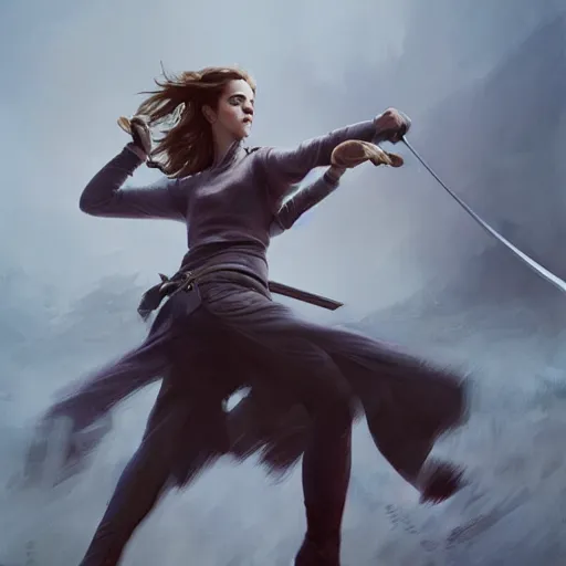 Image similar to portait of a emma watson swinging her katana, front game card, drark, marvel comics, dark, intricate, highly detailed, smooth, artstation, digital illustration by ruan jia and mandy jurgens and artgerm and wayne barlowe and greg rutkowski and zdislav beksinski