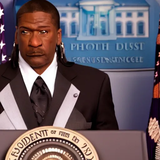 Image similar to president camacho from idiocracy standing at a podium at the whitehouse press room, portrait photography, 8 k, movie still