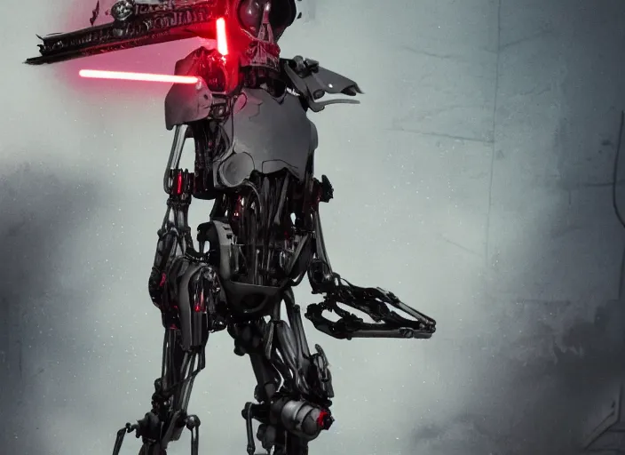 Image similar to 3 5 mm portrait photo of ( general grievous )!! with heavy duty biomechanical cybernetic body with ( four arms holding 4 activated red lightsabers )!! in the city in the rain. cyberpunk horror style.