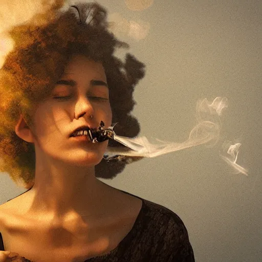 Image similar to a beautiful photo of a smoking person. smoke. impressionism. matte painting. octane render