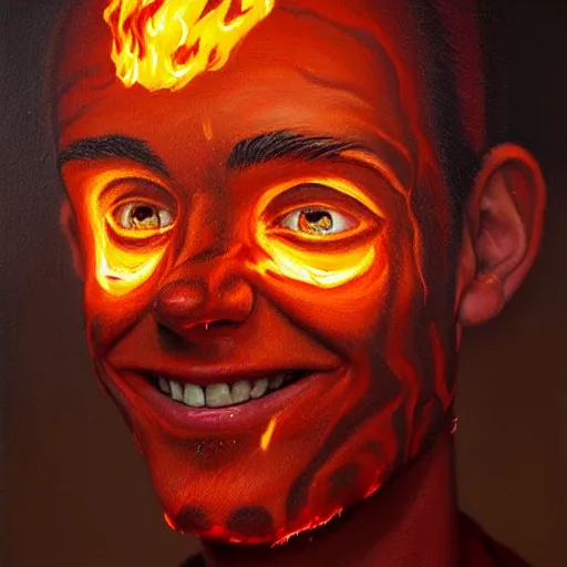 Image similar to a hyper realistic painting of a young fire - man, all face covered with a fire, fire all around him, coherent symmetrical eyes, cunning smile, by jeffrey smith, by andrea kowch, by steve henderson, masterpiece, trending on artstation,