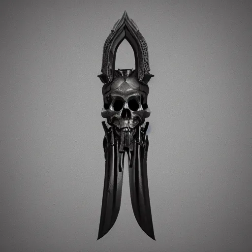 Prompt: a black sword skull, ornament, on a gray background, a 3 d render by dom qwek, studio lighting, raytracing, trending on polycount, futurism, hard surface modeling, rendered in maya, 3 ss max, blender, artstation hd