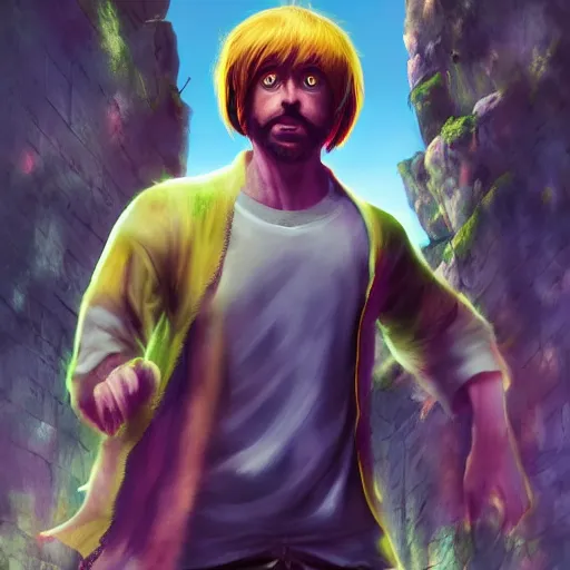 Image similar to shaggy from scooby doo reaching power level over 9000, au naturel, hyper detailed, digital art, trending in artstation, cinematic lighting, studio quality, smooth render, unreal engine 5 rendered, octane rendered, art style by klimt and nixeu and ian sprigger and wlop and krenz cushart