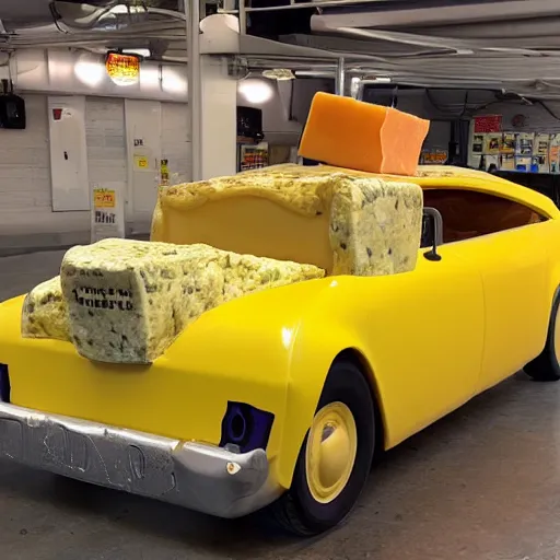 Prompt: A car made of cheese