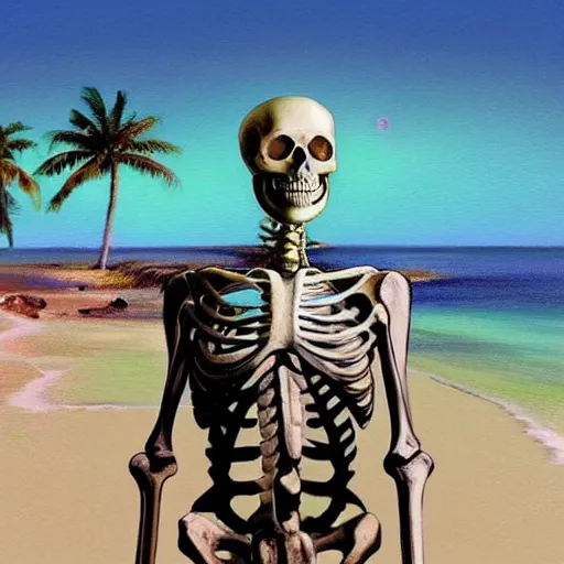 Image similar to Beautiful digital painting portrait of relaxed skeleton walking on the tropical beach with (nuclear bomb explosion in the background)!!!, by James Gurney, high quality, trending on Artstation, realistic, tropical color scheme, anatomically correct skeleton, high coherence, clear blue sky