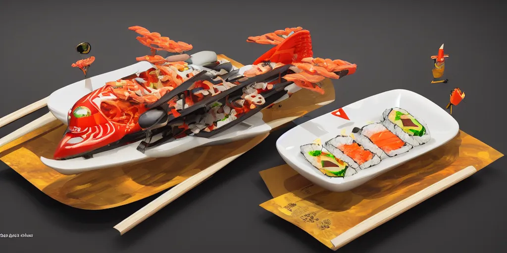 Prompt: airplane made of sushi, artstation trending, winner, 1 st place, octane render, 8 k, dramatic lighting, tasty, food photography, highend, illustration, fine details,