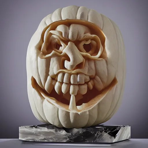 Image similar to epic statue of jack o lantern sculpted on acrylic flow marble with wax drops over his skin, realistic, volummetric light, by bernini