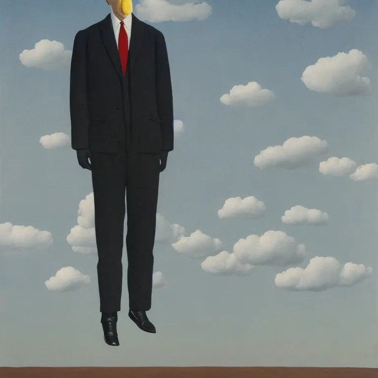 Image similar to portrait of a faceless tulip - head man in a suit, clouds in the background, by rene magritte, detailed painting, distance, middle centered, hd, hq, high resolution, high detail, 4 k, 8 k