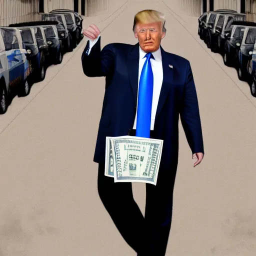 Image similar to donald trump holding bags of money, running from the police