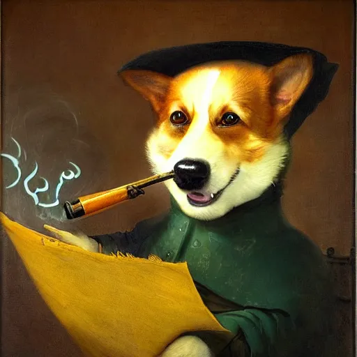 Prompt: An anthropomorphic corgi with a smoking pipe and a green scarf around his neck dressed as a wandering salesman in a fantasy setting, dreamscape, dramatic lighting, oil painting, Rembrandt