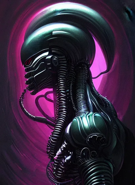 Image similar to profile! portrait of xenomorph, sci - fi, black tech wear, glowing lights! dark, cool colors, acid, intricate, highly detailed, digital painting, artstation, concept art, smooth, sharp focus, illustration, art by h r giger and greg rutkowski