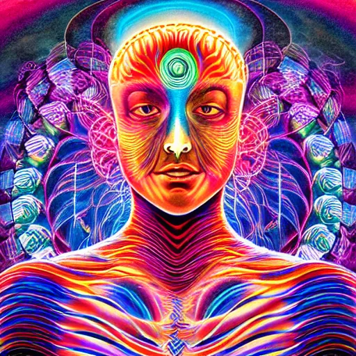 Image similar to human trancending into collaborative intelligence in the style of alex grey, album cover, award winning, beautiful, colorful, volumetric lighting, trending on artstation