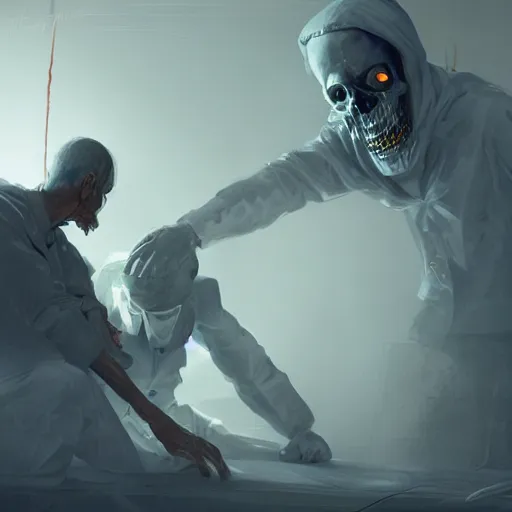 Image similar to A Doctor defends a patient from the Grim Reaper, by Cedric Peyravernay, highly detailed, excellent composition, cinematic concept art, dramatic lighting, trending on ArtStation