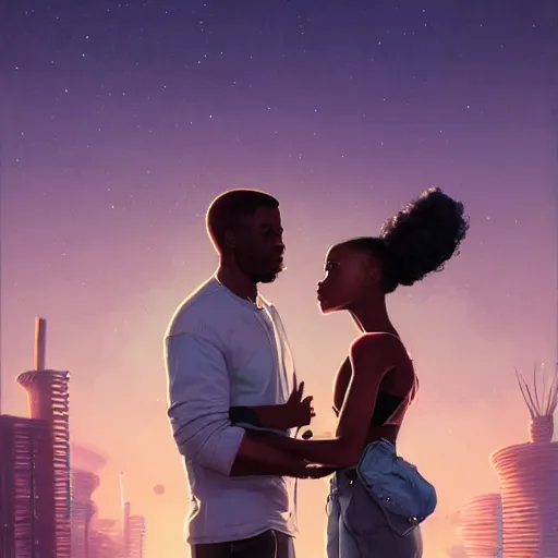 Image similar to highly detailed portrait of a black couple on the rooftop, synthwave city, stephen bliss, unreal engine, fantasy art by greg rutkowski, loish, rhads, ferdinand knab, makoto shinkai and lois van baarle, ilya kuvshinov, rossdraws, tom bagshaw, global illumination, radiant light, detailed and intricate environment