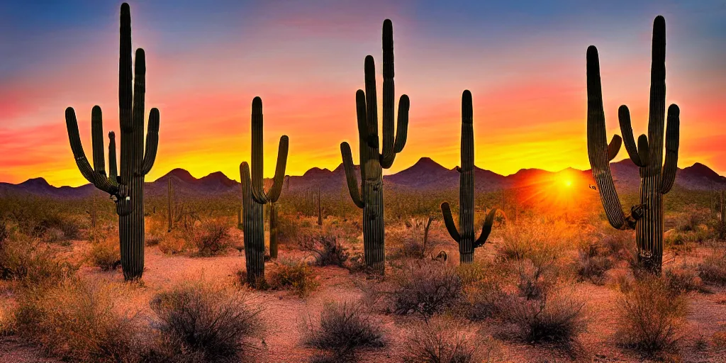 Image similar to Arizona desert, saguaro, sunrise, by Vincent Van Gough