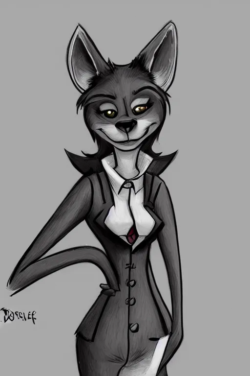 Prompt: drawing of anthromorphic female wolf, in style of cory loftis, female fursona, furry, furaffinity, 4 k, deviantart, furry art, fursona art, wearing black business suit, business suit, in style of zootopia, wolf fursona, cyberpunk, female, very expressive detailed feminine face,