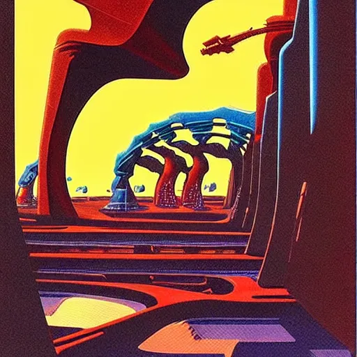 Prompt: retro futurism, artwork by roger dean, by dean ellis