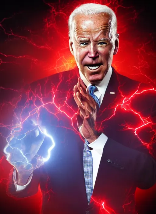 Image similar to hyper realistic ultra realistic omnipotent photo furious red glowing eyes biden, high quality photo, detailed , 8k