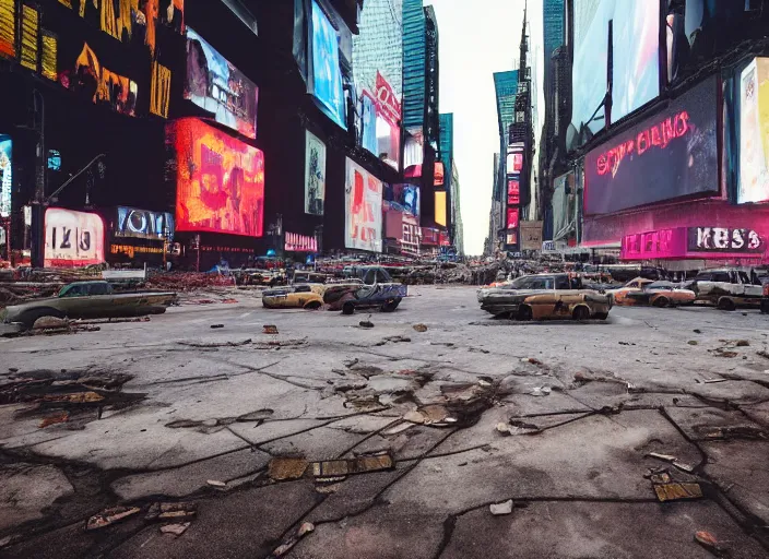 Image similar to film still of post apocalyptic empty time square, overgrown with wildlife walking through in the new sci - fi movie, 8 k