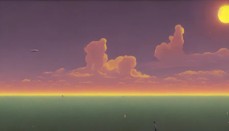 Image similar to clouds floating in front of the sun in space, simon stalenhag, art deco painting