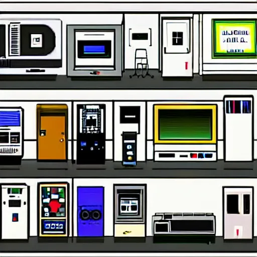 Image similar to a hallway including an apple lisa, commodore 6 4, ibm pc, nes, playstation 1, nokia 3 3 1 0, iphone and quantum computer, hd, concept art