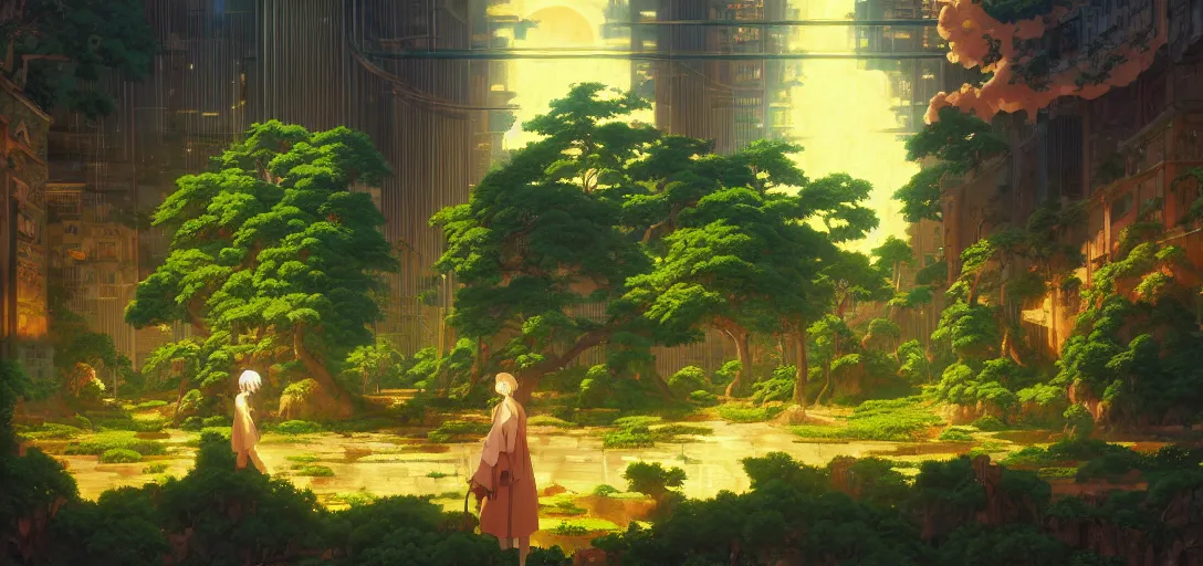 Image similar to baroque oil painting of anime key visual environment of a garden of eden in a cyberpunk world, brutalist, dark fantasy, sunset, rule of thirds, digital cel shading, fake hidden detail, trending on pixiv fanbox, style of makoto shinkai studio ghibli jamie wyeth james gilleard greg rutkowski