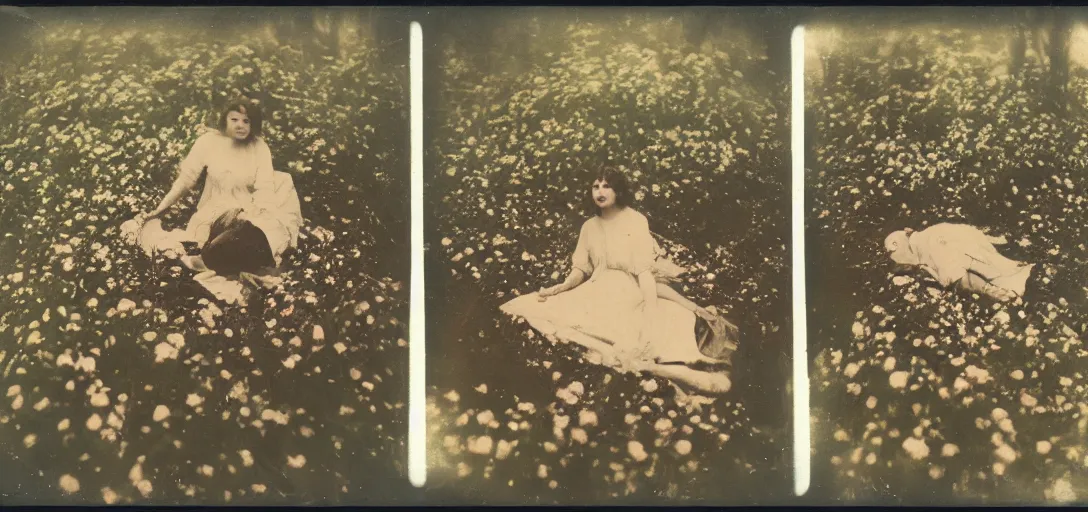 Image similar to beautiful woman on the ground covered in flowers, Forest, ray gods, 1910 top-down polaroid photography