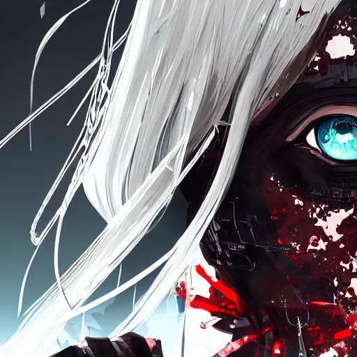 Prompt: highly detailed portrait of a post-cyberpunk emilia clarke by Akihiko Yoshida, Greg Tocchini, 4k resolution, persona 5 inspired, nier:automata, vibrant red, brown, white and black color scheme with graffiti