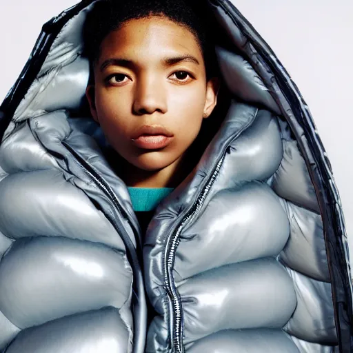 Image similar to realistic photoshooting for a new issey miyake lookbook, color film photography, portrait of a beautiful woman, model is wearing a futuristic puffer jacket, in style of tyler mitchell, 3 5 mm,