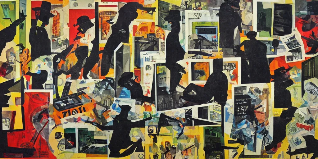 Image similar to bank robbery collage, acrylic on canvas, expressionism movement, breathtaking detailed, by blake neubert