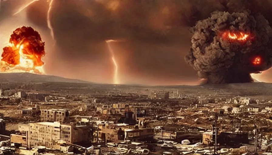 Image similar to big budget action movie about a nuclear explosion destroying a city